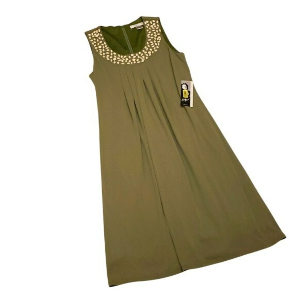 Peter Nygard Shift Dress Midi Sleeveless Spice Green White Beaded Neck Womens 4
